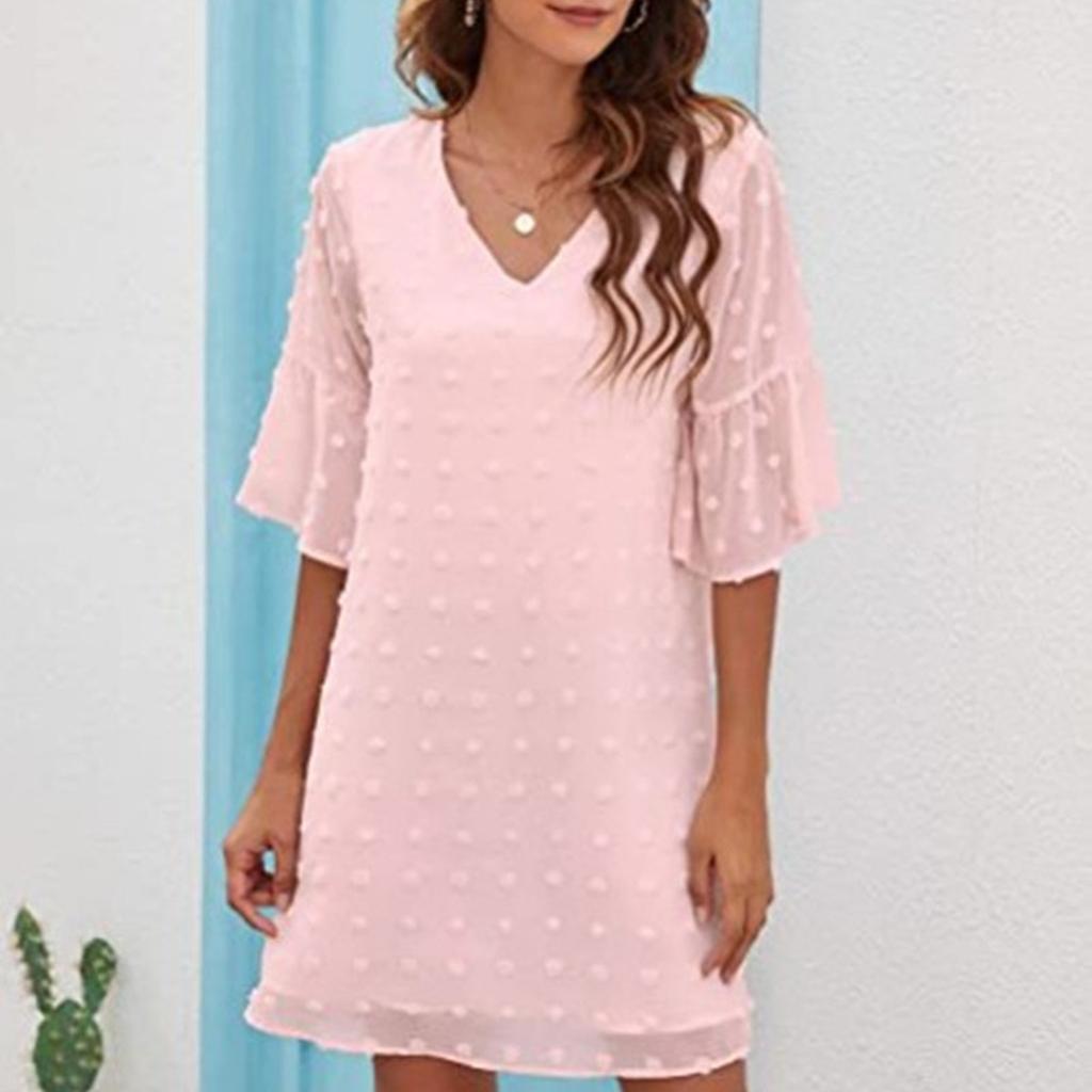 Women's  Small Fresh Casual Solid Color Loose Straight Trumpet Short-sleeved Jacquard-chiffon Stitching V-neck Dress
