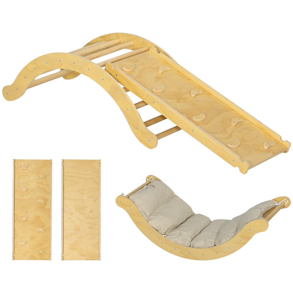 Kids' Climbing Set, 4-in-1 Design with Arch Bridge, Rocking See-Saw, Cushion, Slide Ramp, for Indoor Use, Wood