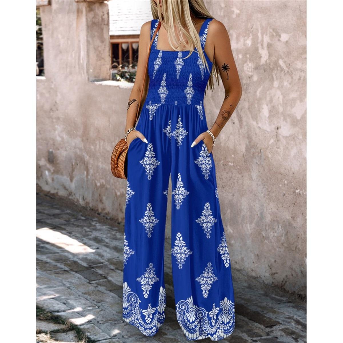 

Летний новый модный повседневный комбинезон с принтом и бретельками через шею для женщин, свободные широкие брюки для женщин 2XL