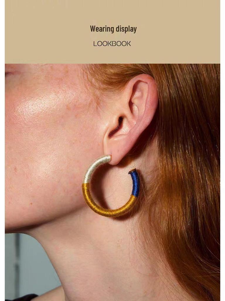 Retro Three-Color Wool Thread Hoop Earrings - Stylish, Versatile, Light Luxury Design for Women