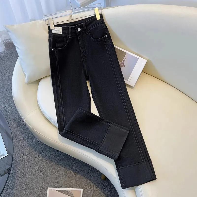 

Джинсы прямого покроя в винтажном стиле с загнутыми краями, женские летние однотонные элегантные джинсовые брюки, женские свободные брюки с высокой талией 3XL чёрный
