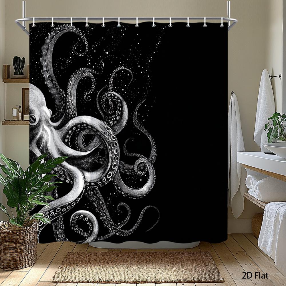 Black Octopus Art Shower Curtain Waterproof Easy To Clean Privacy Protection Print Ocean Creature Design Modern Nontoxicmaterial