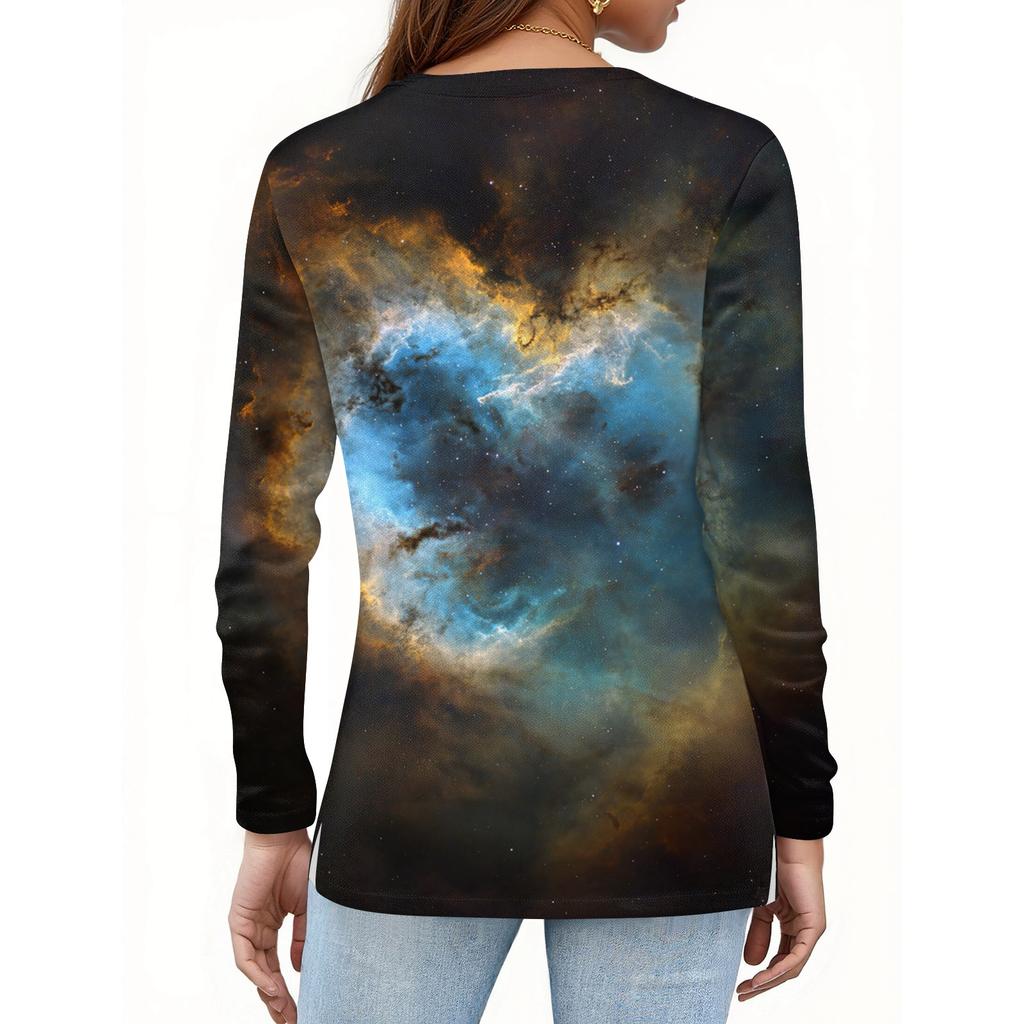 Women's Fashion Casual Slit Hem Round Neck Long Sleeve Loose Printed T,Shirt Ladies Top