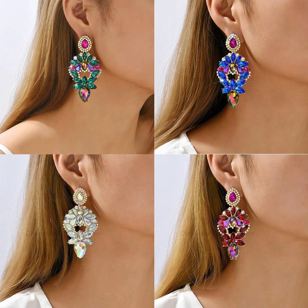 Fashion Teardrop Crystal Glass Decor Big Dangle Drop Earrings Luxury Festival Party Charm Statement Pendant Jewelry Accessories