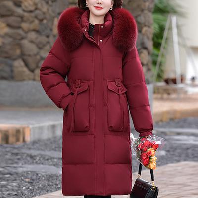 Κολάρο από Αληθινή Γούνα Μεσήλικες Γυναίκες Χειμερινά Μπουφάν με Πούπουλα Vintage Παρκά Μπουφάν με Κουκούλα Κομψά Χοντρά Ζεστά Παλτό με Πούπουλα Γυναικείο Παλτό