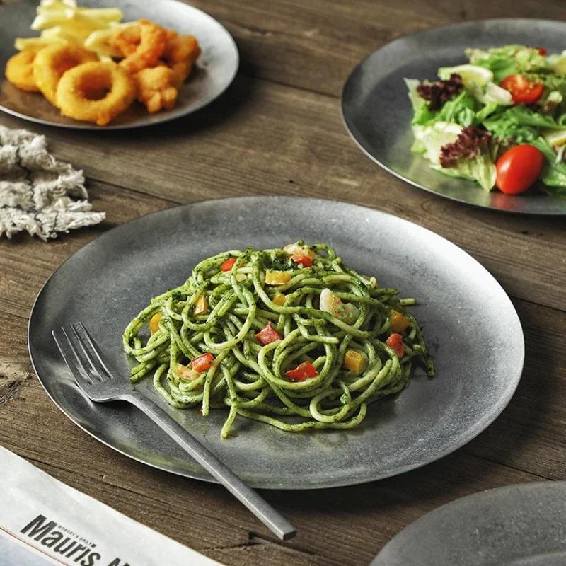 Nordic Vintage Stainless Steel Steak Dinner Plates Snack Fruit Dessert Vegetable Shallow Plate Cutlery BBQ Picnic Dish Tableware