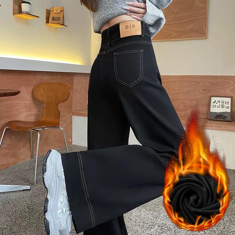 Black narrow wide-leg jeans for women, fleece-lined autumn/winter, new high-waisted stretch straight-leg pants