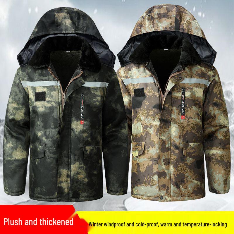 Men's Mid-Length Fleece-Lined Camouflage Overcoat - Windproof, Cold-Resistant, Waterproof, Cotton-Padded for Winter and Labor Protection.