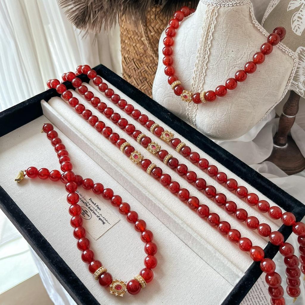 New Year'S Red 12Mm Medieval Court Wind Pigeon Blood Red Natural Chalcedony Agate Natural Stone Necklace Women'S Neck Chain