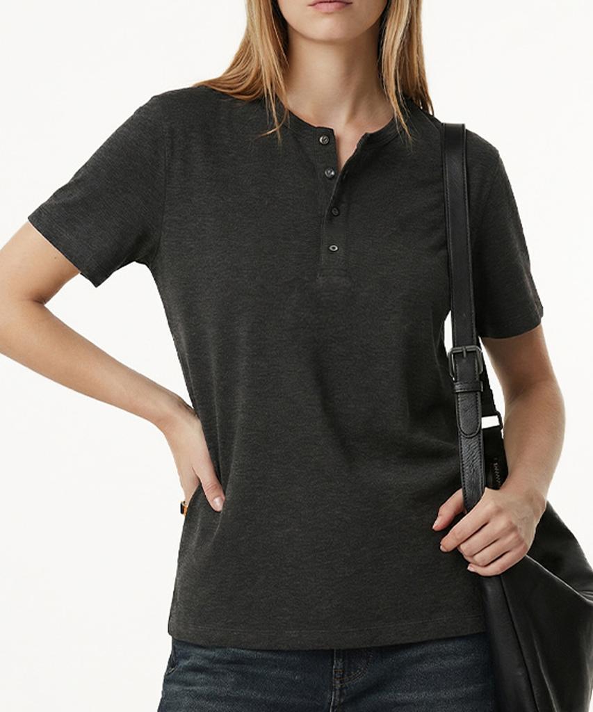 Beoteunseoul Basic Henley Neck Relaxed Slim Fit Short Sleeve T-Shirt (Dark Beige/Black)