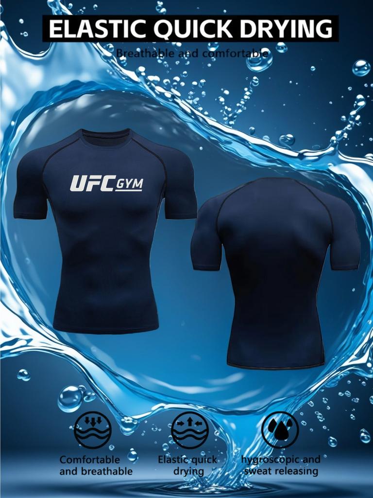 Men's Compression Shirt Quick Dry Gray Gym T-Shirt UFC GYM Print Workout Sportswear