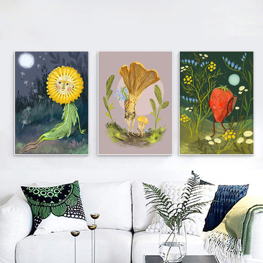 Funny Vintage Poster Frog Ride Bicycle Art Print Mushroom Strawberry Flower Dandelion Wall Art Canvas Painting Home Decor No Frame