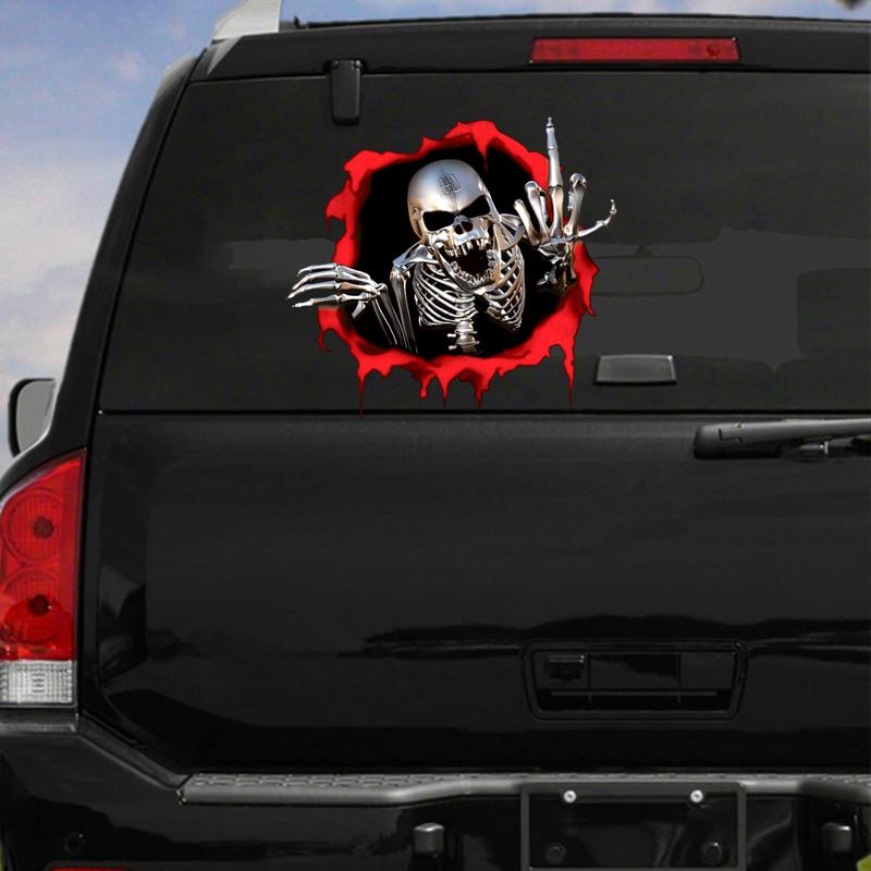 Heißer Metallskelett-Totenkopf im Einschussloch Autoaufkleber Windschutzscheibe Stoßstange Motorradhelm Aufkleber Vinyl Kratzer Wasserdichtes PVC