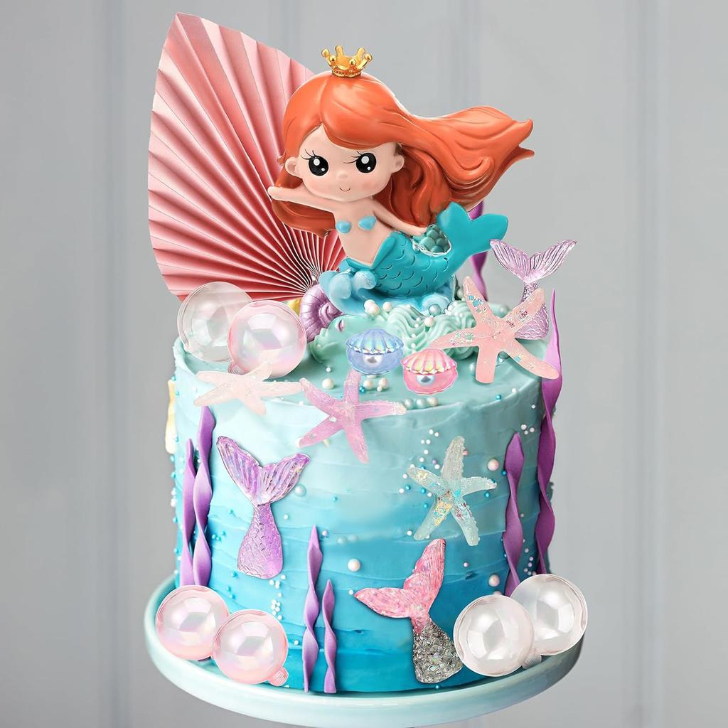 The Sea Cake Toppers Set with Little Resin 3D Mermaid Seaweed Bubble Starfish Shell Mermaid Tail Cupcake Picks