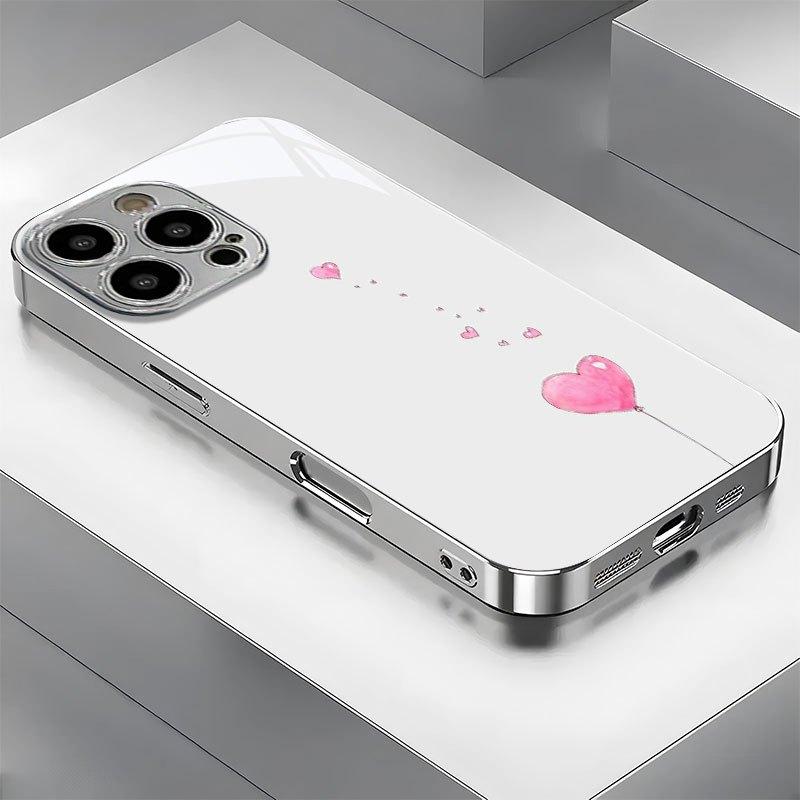 Minimalist pink heart-shaped balloon glass phone case suitable for iPhone 17 16 15 14 13 12 11Pro Max Plus shockproof back cover