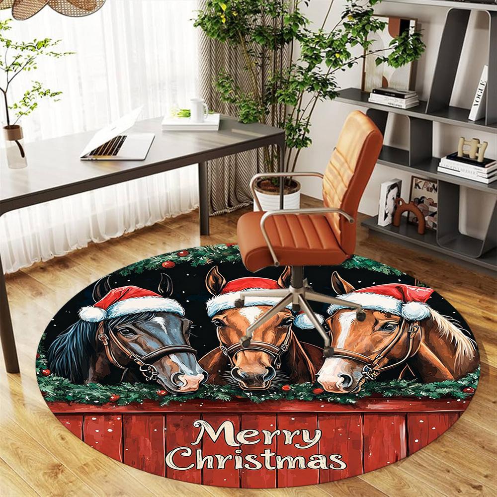 1PC Horses Merry Christmas Office Round Area Rug, Under Office Chairs Bedroom Living Room Home Decor, Carpet for Office -1110049
