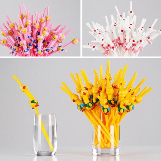 Plastic Cartoon Animal Cat Duck Reusable Drinking Straw Beverage Pipe with Brush
