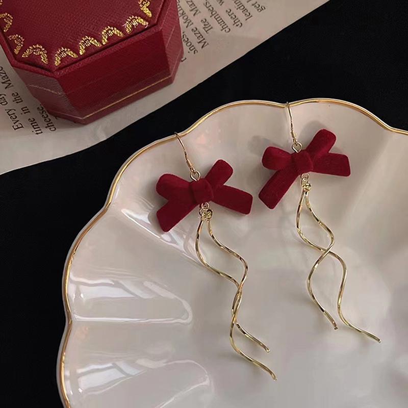 Red Flocked Fabric Bowknot Earrings Temperament Sweet Flowers Long Fringe Earrings