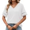 Solid Color V Neck Lace Splicing Loose Short Sleeve Casual T Shirt Top