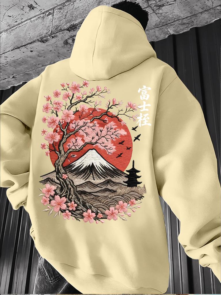 Cherry Blossom and Mount Fuji Print Autumn/Winter Warm Japanese Style Hooded Sweatshirt for Men - Trendy Casual