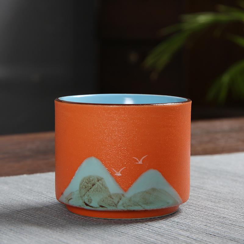 Hand-Painted Black Pottery Zen Tea Cup - Retro Mountain Design, Kung Fu Ceramic Masterpiece for Tea Tasting and Guest Reception.