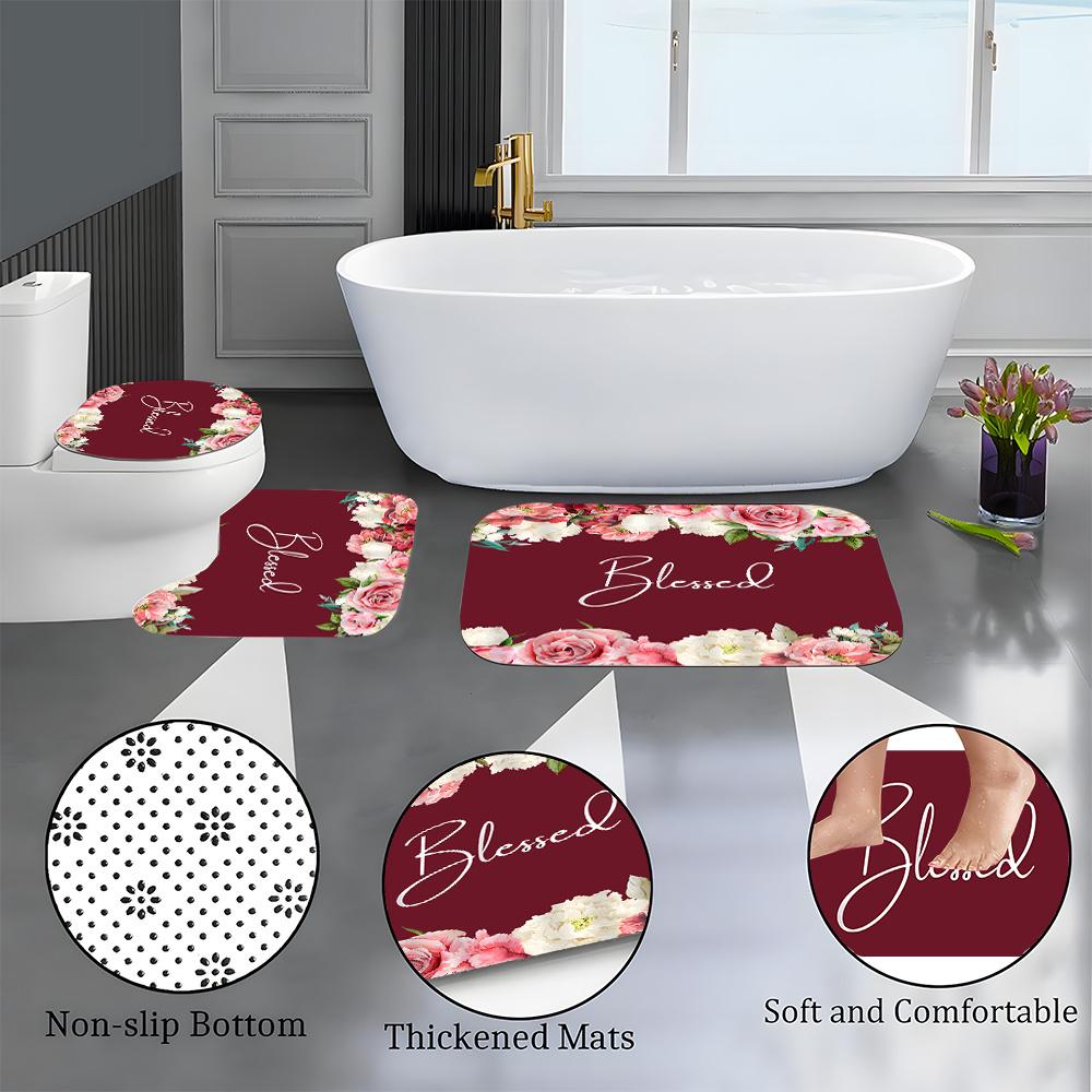 4-teiliges Badezimmer-Duschvorhang-Set Blumen Badezimmervorhang mit 12 Haken Rutschfeste Teppiche Toilettendeckelmatte Badezimmerabtrennung