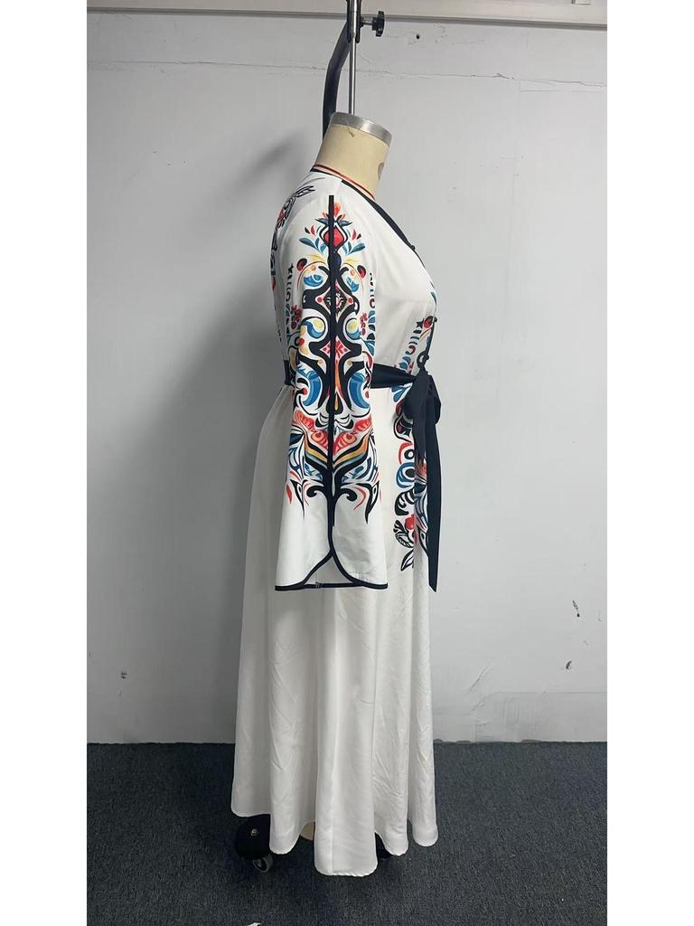 Middle East Ethnic Style Printed Bow V-neck Plus Size Maxi Dress