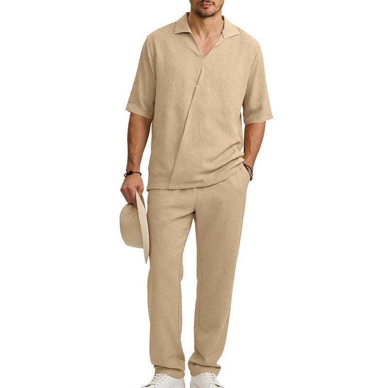 

Men s Summer Casual Knit Tracksuit Solid Color Short Sleeve Shirt Trousers S