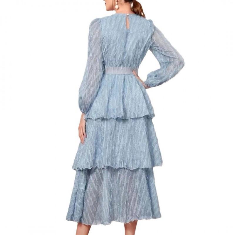 2025 Fall Womens Elegant French Chic Long Sleeve Midi Dress Vintage Lace Detail Slim Fit Casual A-Line Skirt