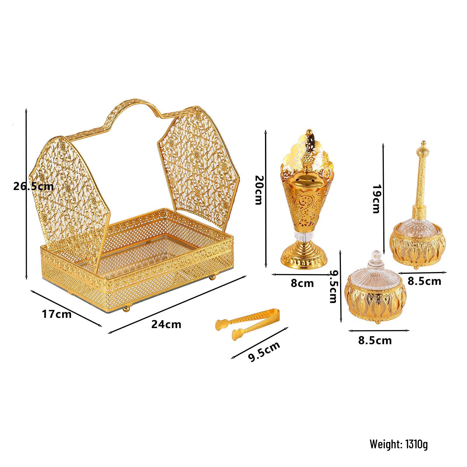 Gold Hollowed-Out Arabic Incense Burner Tray Set - Middle Eastern Indoor Ornament