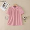 Women Casual Turn Down Collar Summer Short Sleeve Blouse
