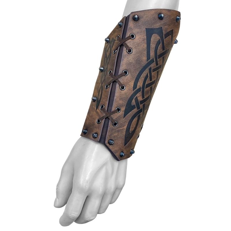 Medieval Wristband Men Cosplay Totems Embossed Bracer Gauntlet for Men Cosplay PU Wristband for Photoshoots and Stage