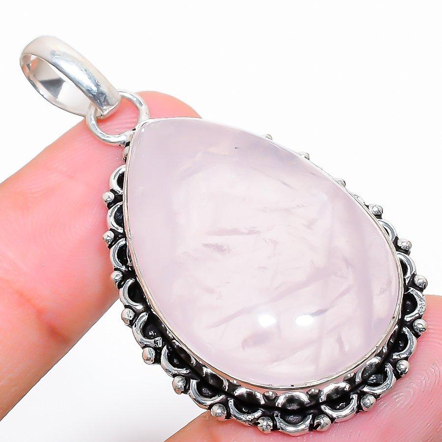 Rose Quartz Gemstone Handmade 925 Sterling Silver Jewelry Pendant 2.09"