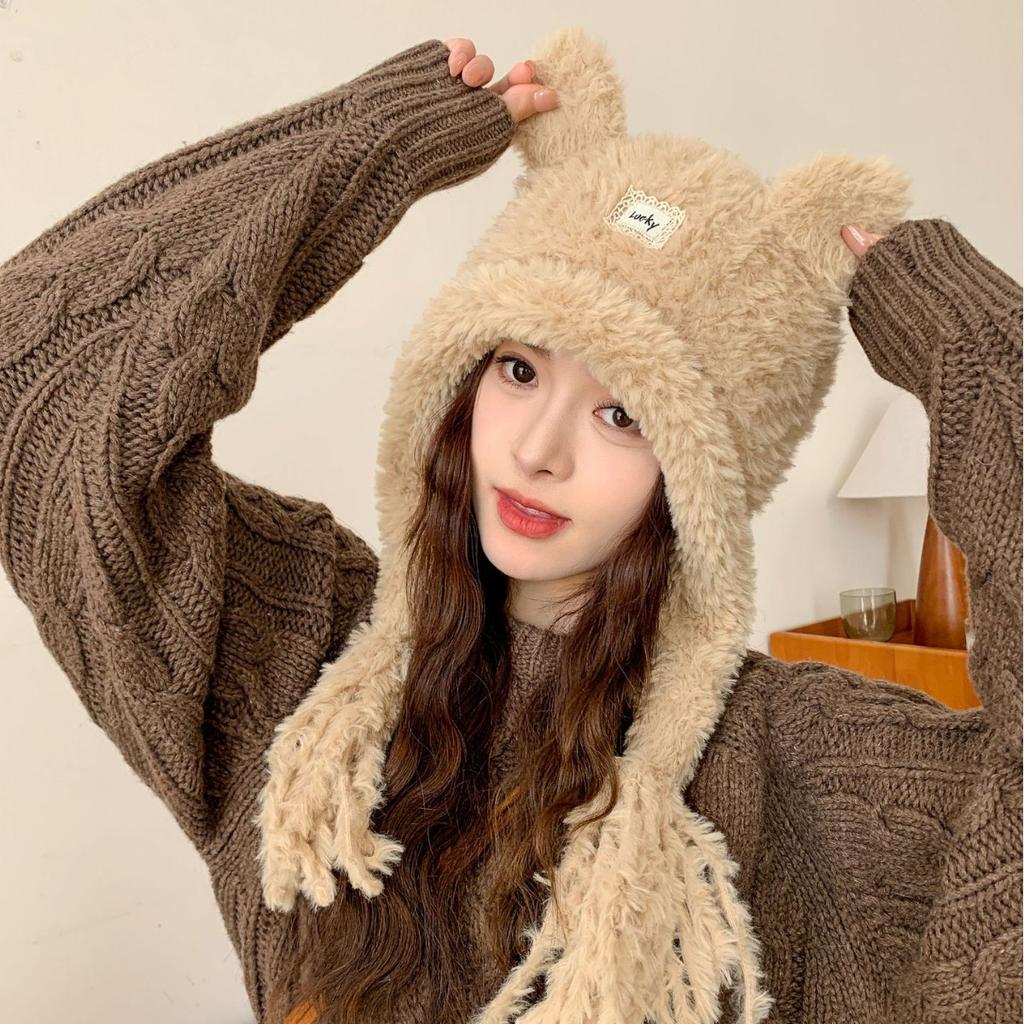 Cute Little Bear Hat for Women In Autumn and Winter Plush New Korean Knitted Hat Versatile Warm Ear Protection Thickened Fashionable Casual
