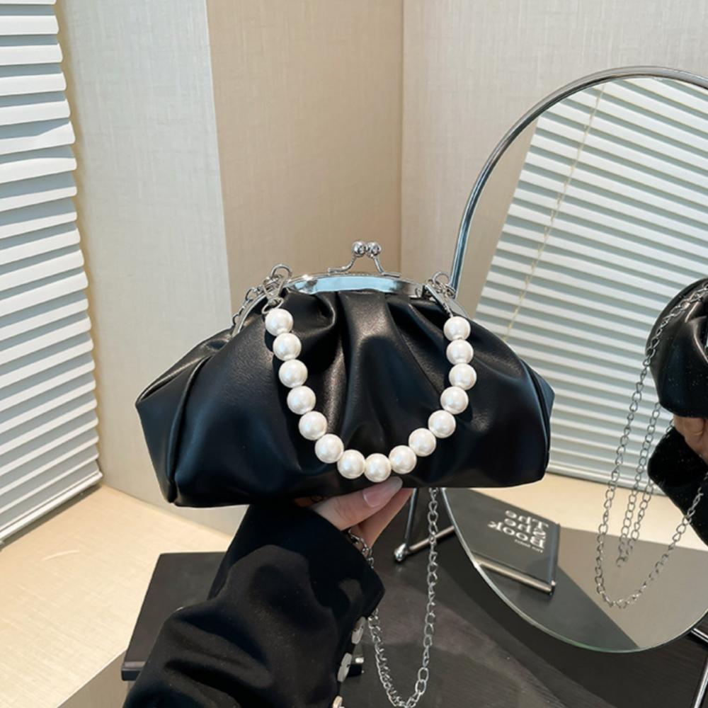 Luxury Pearl Handle Cloud Bag For Women PU Leather Pleated Shoulder Bag Elegant Female Crossbody Bag Clutch Evening Purse