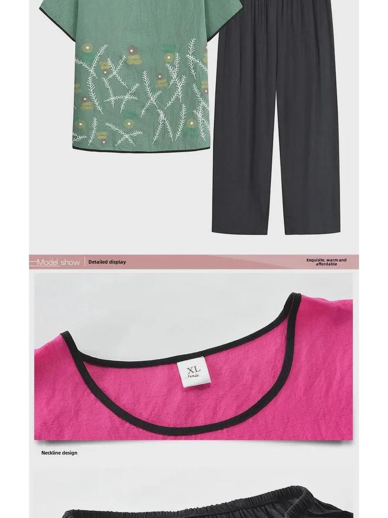 Seturi de vară din bumbac și in, din două piese, pentru femei cu vârsta între 60-70 de ani - Mânecă scurtă