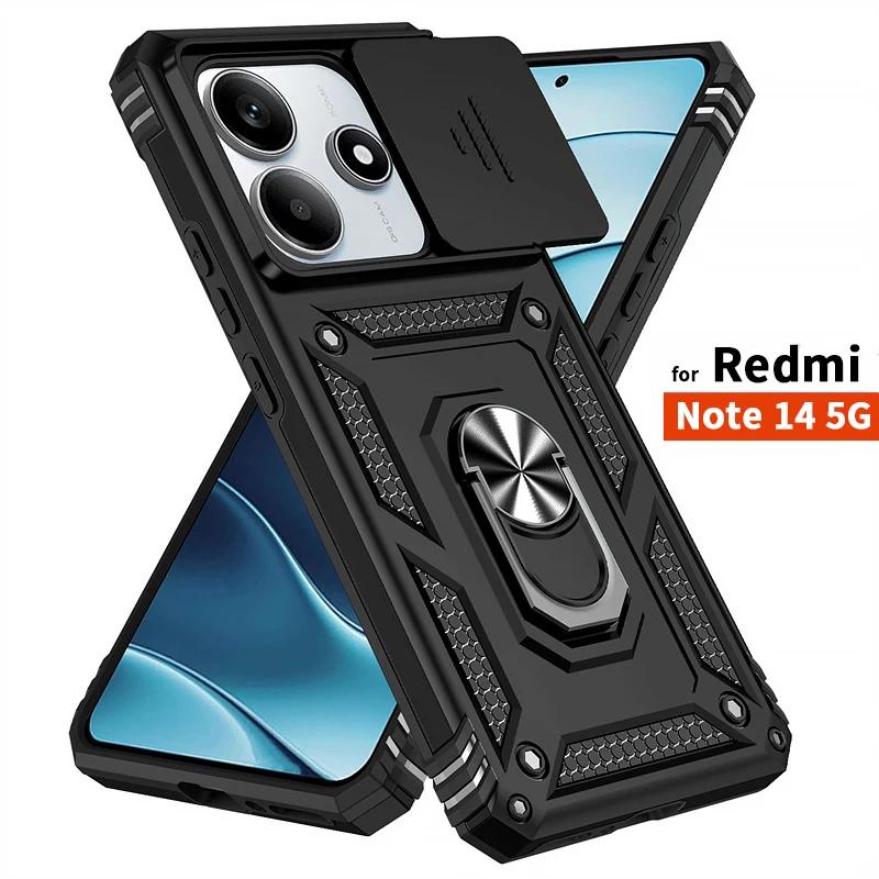Capa For Xiaomi Redmi Note 14 5G Case Armor Slide Camera Lens Protector Back Cover for Redmy Note14 Shockproof Ring Stand Funda