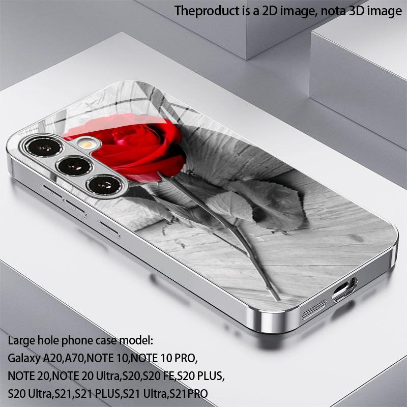 Red Rose Pattern 2D Phone Case for Samsung S26 S25 S24 S23 S22 S21 S20 A56 A36 A16 - Electroplated Glass Protective Cover
