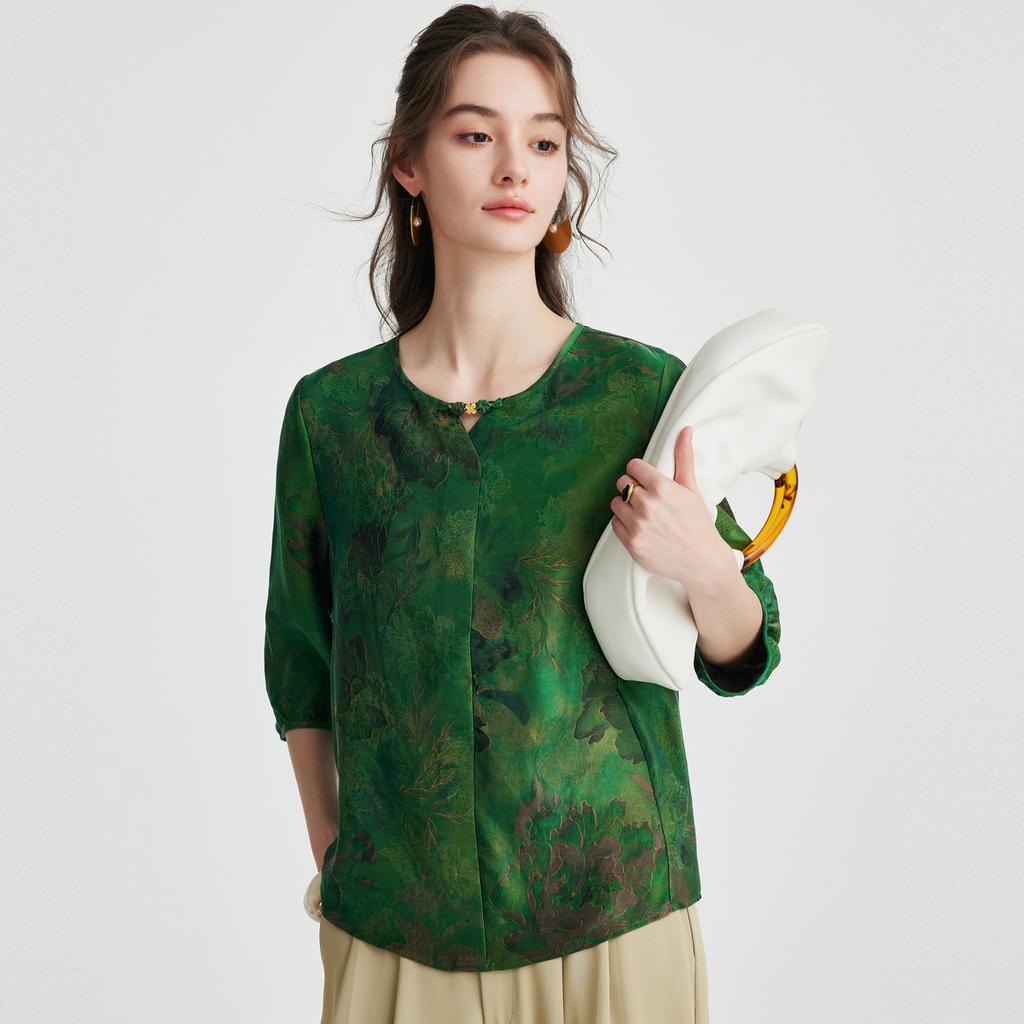 100% Mulberry Silk] Spring/Summer Round Neck Retro Printed Chinese Style Pan Buckle Loose Western Style Silk Shirt for Women