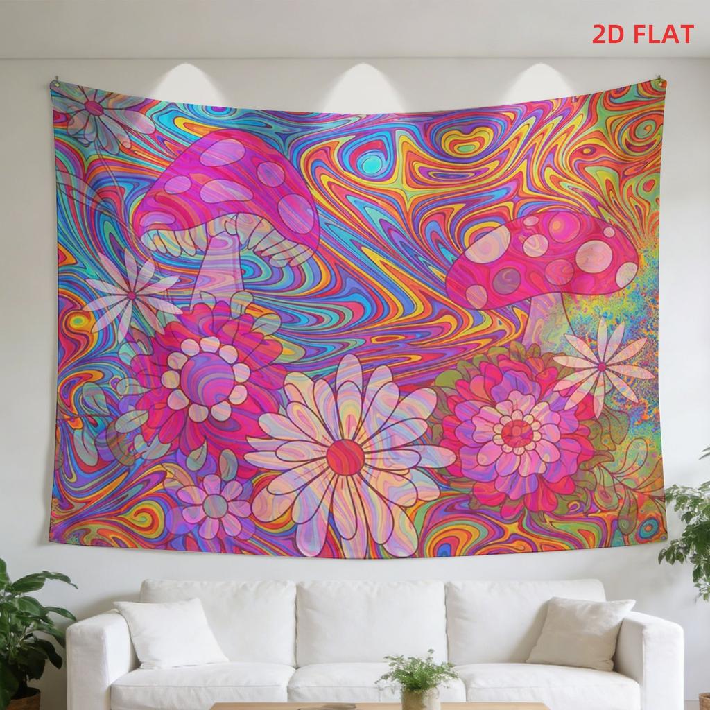 2D Flat, 1 Large Psychedelic Abstract Tapestry Wall Hanging - Colorful & Flower Print Horizontal Wall Decor Suitable for Bedroom, Living Room, Meditat