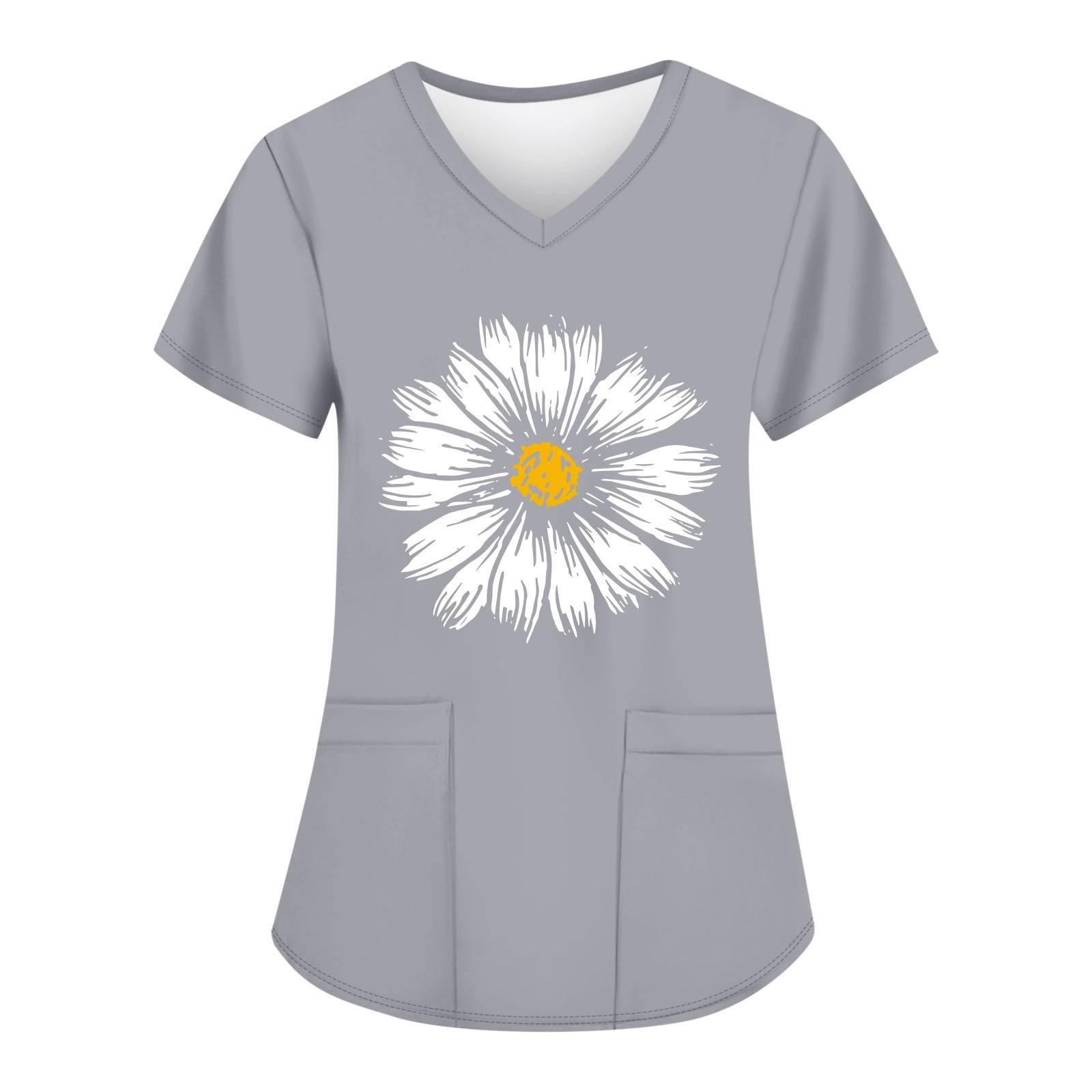 

Женские модные топы с короткими рукавами и V-образным вырезом с принтом, рабочие футболки с карманами S