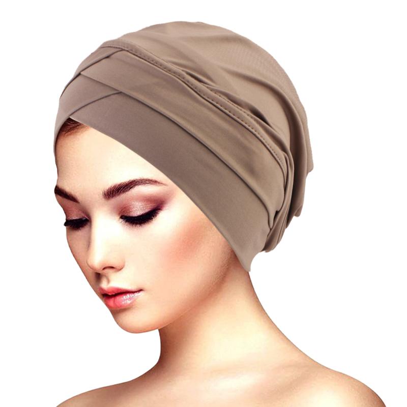 New Classic Forehead Cross Turban Hat Elegant Solid Color Head Wraps Headscarf Breathable Elastic Beanies Muslim Chemo Cap