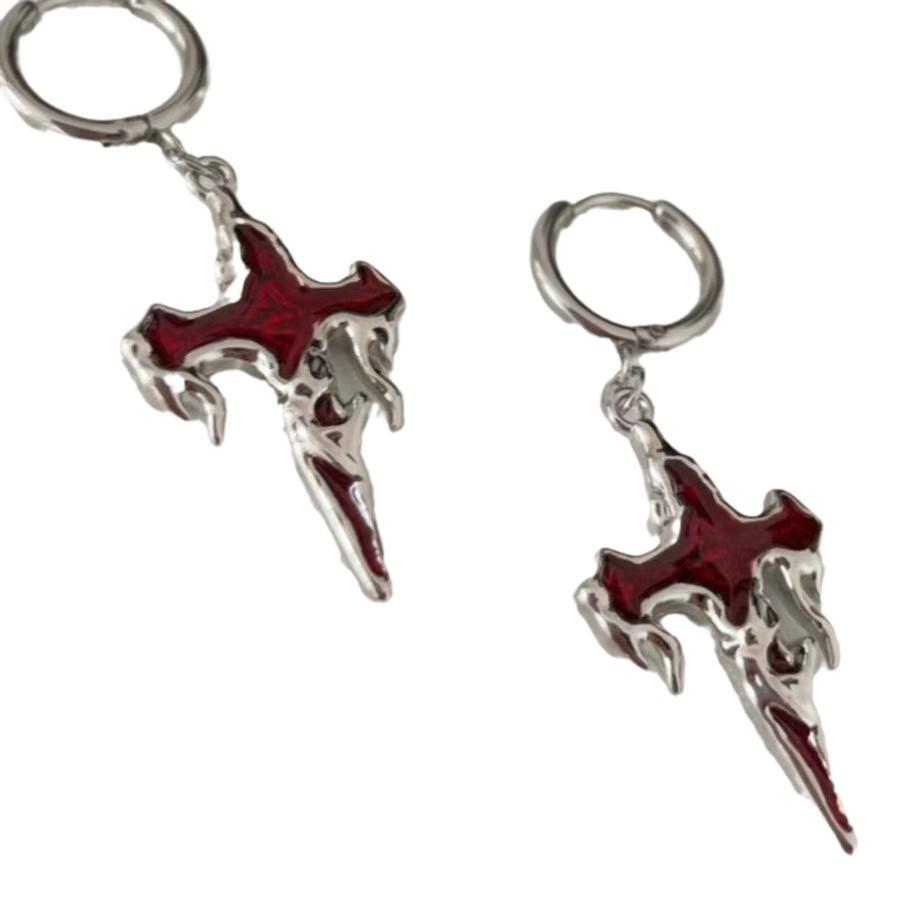 Gothic Punk Flammenkreuz Hängeohrringe, Vintage Y2K Statement-Schmuck