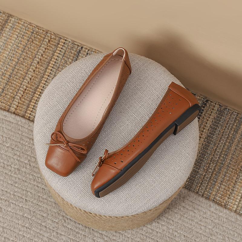 Fashion Women Simple and Elegant Daily Hollow Square Toe Ballet Flats Plus Size Solid Color Bow-Knot Slip-On Comfortable Mary Jane Shoes
