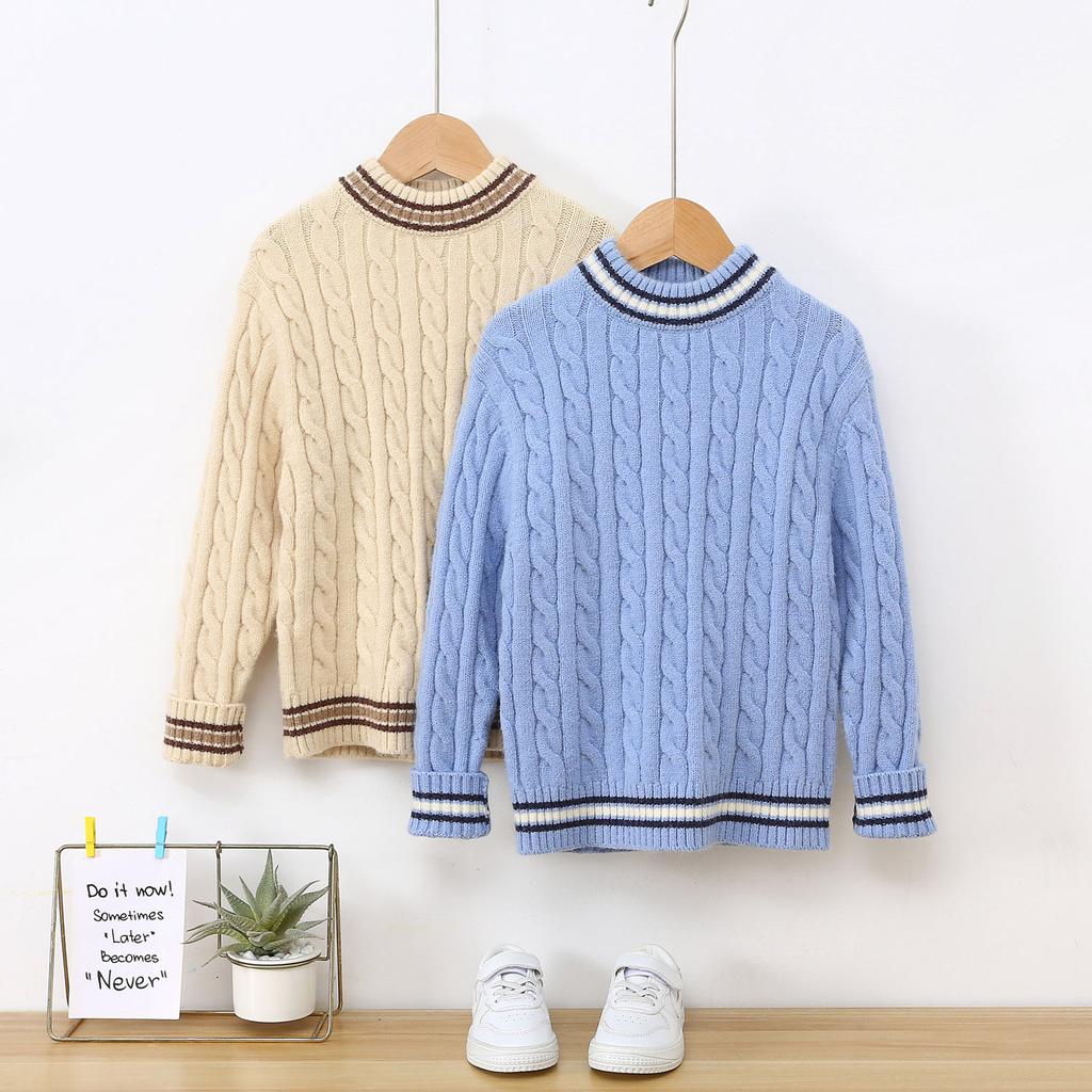 Children's Round Neck Solid Color Pullover with Thick Knit Base Sweater for Winter