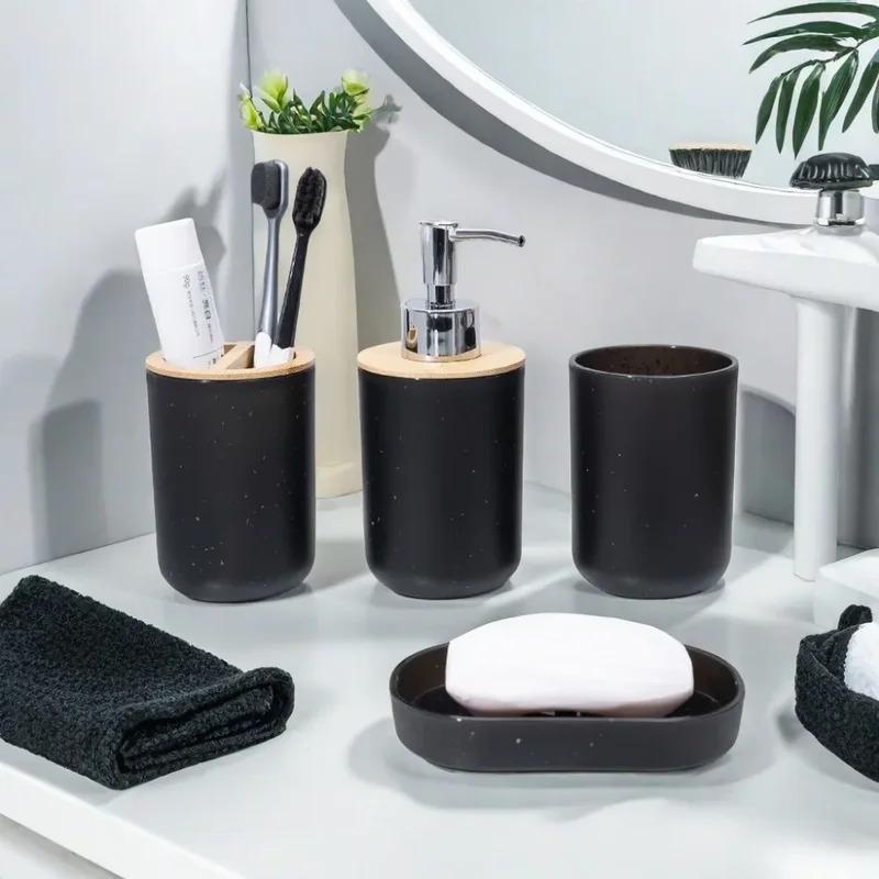 4Pcs/Set Bamboo Plastic Bathroom Storage Set, Soap Dispenser Box Toilet Brush Lotion Bottle Trash Can Toothbrush Cup Holder