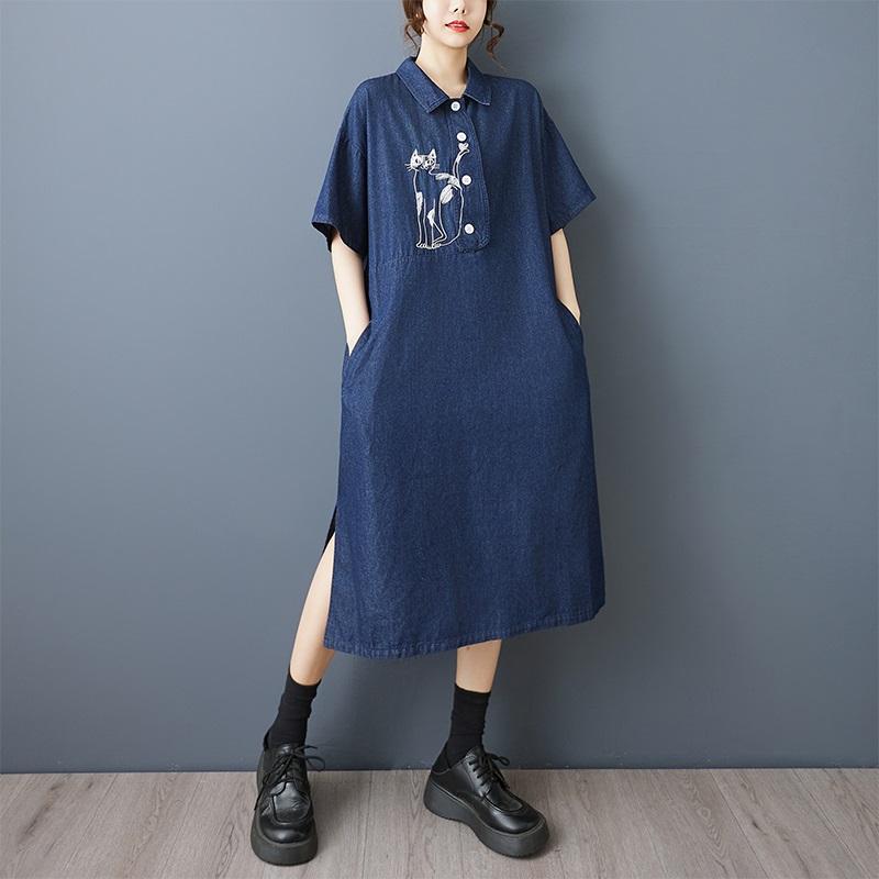 

Короткий рукав Плюс размер деним винтажная вышивка новые платья для женщин повседневное свободное длинное летнее платье синий