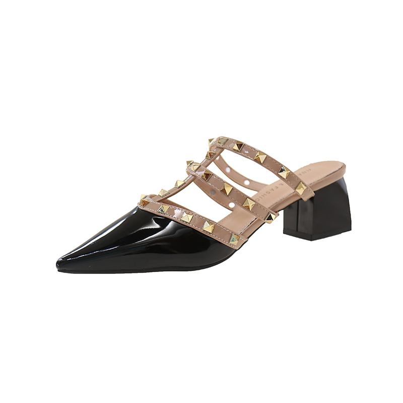 Сексуальные женские шлепанцы с острым носком летние мюли женские босоножки на каблуке тренд 2025 года вечерние туфли-лодочки неглубокие на массивном каблуке с ремешком-слингом слайды 35 чёрный 4390₽