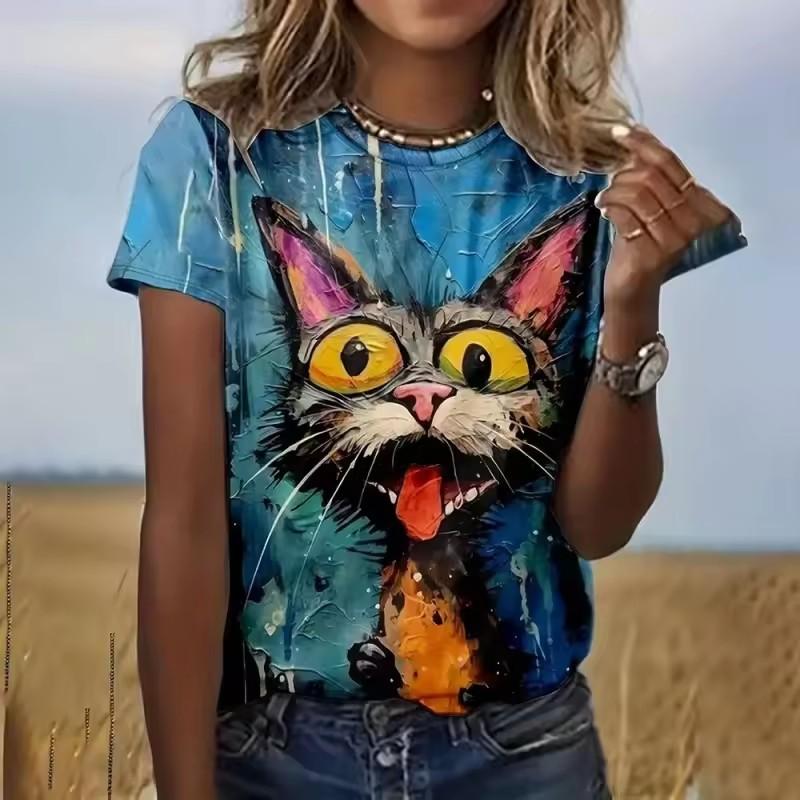 Women's summer hot T-shirt casual elegant fashionable abstract black cat 3D printed women's round neck short sleeved top