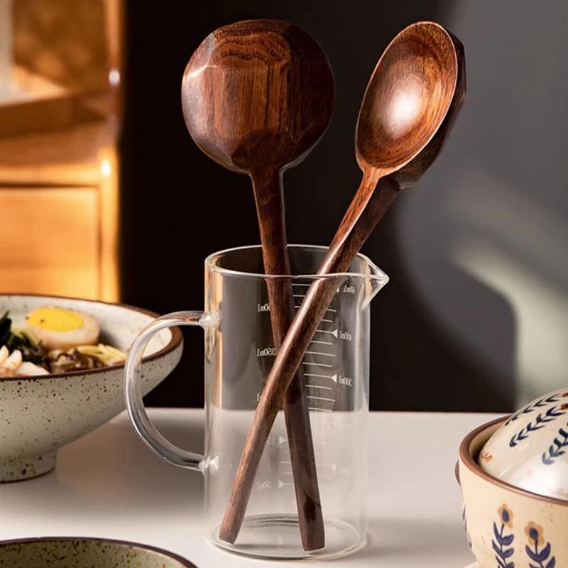 Long Handle Wooden Spoon Ramen Soup Spoon Ladle Kitchen Cooking Spoon Big Wood Serving Tablespoon Japanese Restaurant Tableware